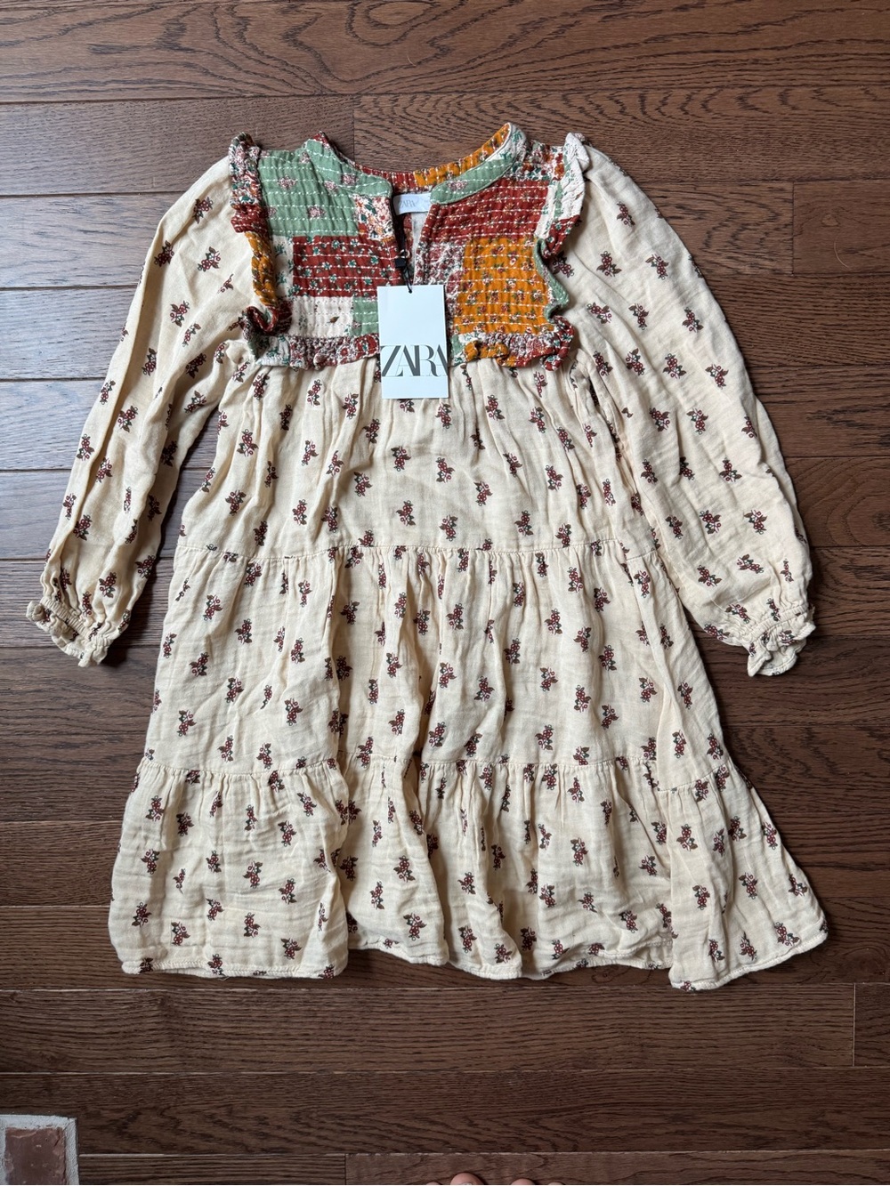 ZARA Cream Tiered Dress with Multicolor Patchwork Yoke